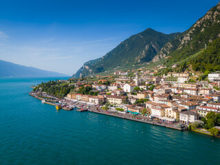 Limone sul Garda. Aerial view of panoramic Garda lake and Italian Alps mountains. Lombardy drone landscape