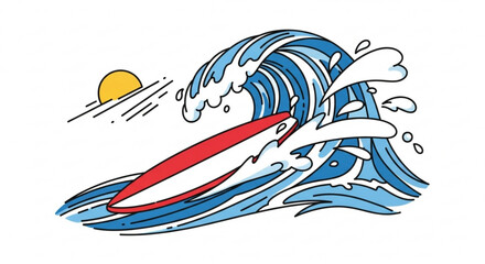 Obraz premium Surfboard on a wave illustration vector art for summer surfing and ocean adventures design concept image
