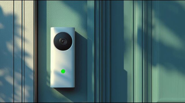 Smart video doorbell at front door. Wireless home security camera with green LED on modern house exterior. CCTV footage.