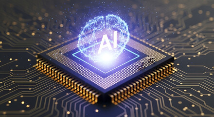 Artificial intelligence brain power glowing on microchip, fueling innovation and revolutionizing digital technology in the modern age, a smart future