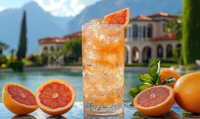 A refreshing grapefruit cocktail, set against a backdrop of a luxurious villa and garden