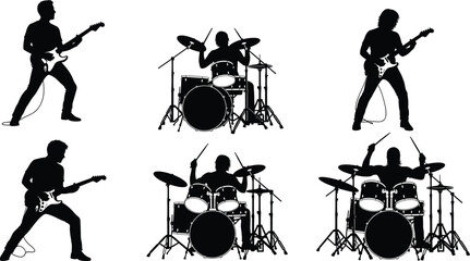 Musician silhouette vector set, black concert poses with electric guitars and drum kits for live music design, performance art, and band illustration