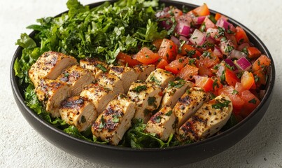Grilled chicken salad bowl with vibrant toppings
