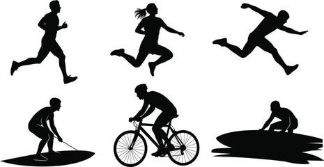 Outdoor activity silhouette vector set, black sport poses with running, surfing, cycling, paddleboarding, and jumping for fitness design and motion illustration