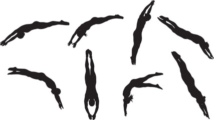 Black silhouette swimmers diving into water in different positions, vector illustration for sports, swimming, competition, diving, athletic training, recreation themes.