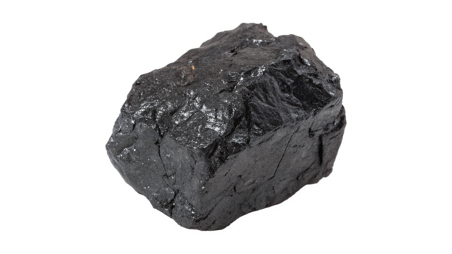 Large piece of coal with shiny surface isolated on transparent background