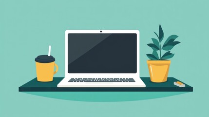 Modern Workspace Setup: Laptop, Plant, and Coffee