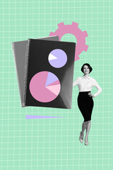 Poster image vertical photo collage of happy businesswoman stand notepad gearwheel optimization...