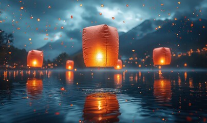 Floating lanterns on a lake at twilight