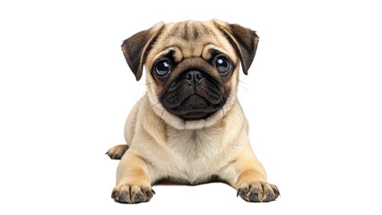 Playful pug puppy with big eyes lying isolated on transparent background