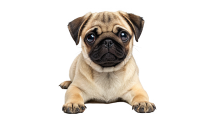 Playful pug puppy with big eyes lying isolated on transparent background