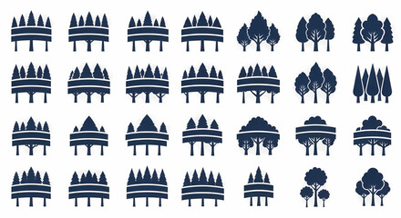 Obraz premium Conceptual collection of minimalist tree and forest silhouette icons, showcasing a wide array of stylized arboreal forms for ecological design, environmental branding
