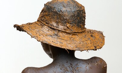 A child's back, covered in mud, wearing a mud-caked hat