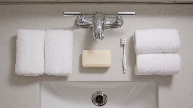 Perfectly aligned towels and toothbrush on bathroom counter.