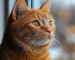 Close-up of a ginger cat looking out a window.  A focused portrait