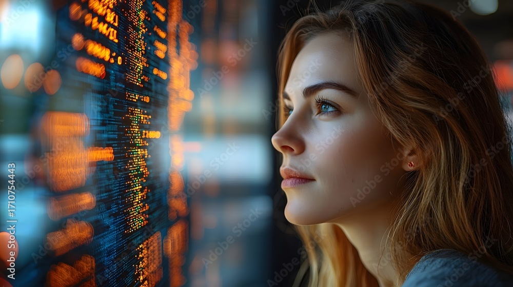 Poster focused woman analyzing glowing digital data streams on a futuristic screen representing information