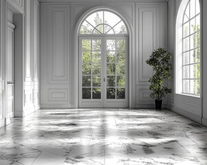 A spacious, light-filled interior with classical architecture. Sunlight streams through large arched windows