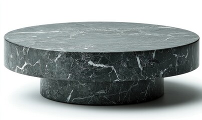 A dark gray marble coffee table, circular and elevated