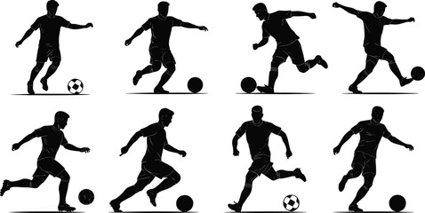 Soccer player silhouette vector set, black action poses with ball for sports design, athletic movement, football training, and dynamic illustration