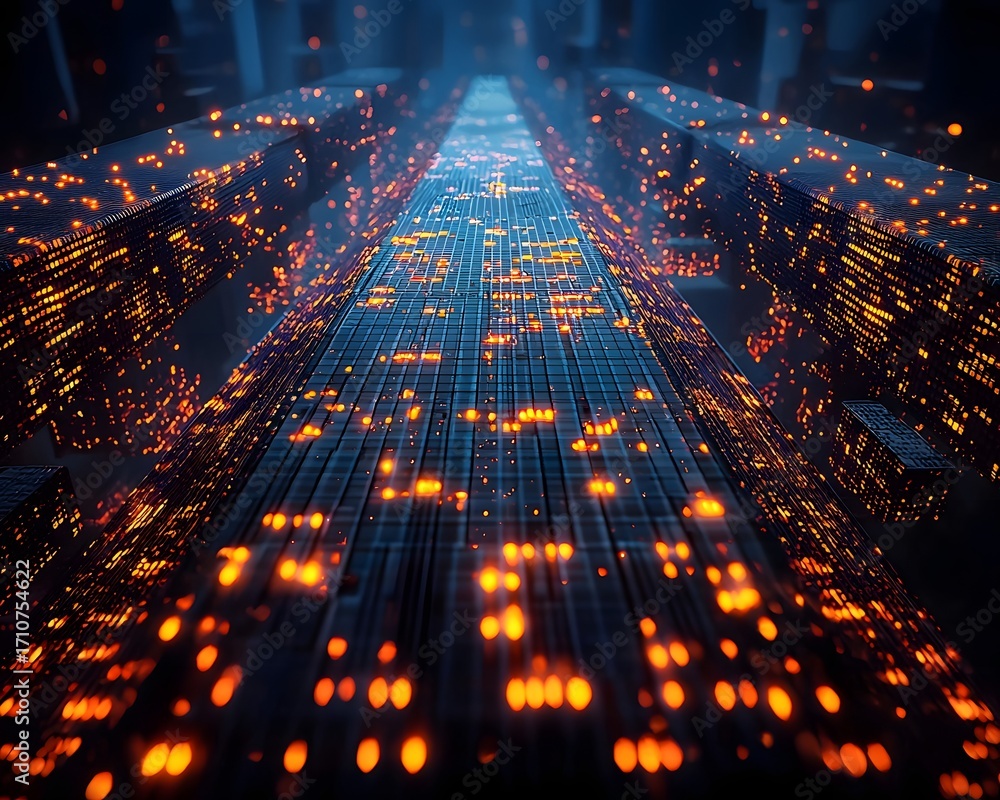 Poster abstract futuristic cityscape with glowing digital data network and illuminated skyscrapers