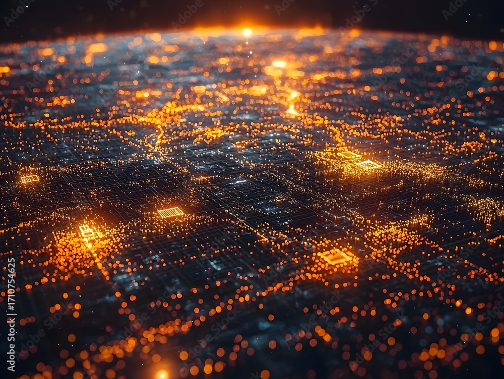 Poster abstract digital network with glowing orange lights on a dark background representing data flow and 