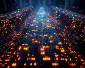 Abstract futuristic cityscape with glowing digital data network and illuminated skyscrapers