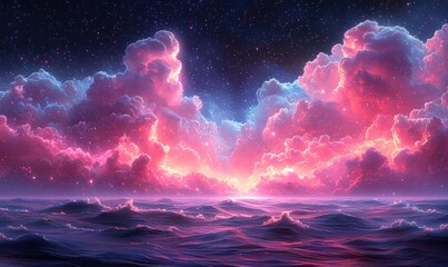 A vibrant, dreamlike seascape at dawn, with clouds in shades of pink and purple, and sparkling stars