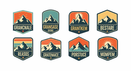 A set of eight retro-style mountain badges, each featuring stylized peaks, suns, and geometric forms, ideal for conceptual outdoor adventure branding and nature-themed graphic design