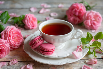 A cup of aromatic tea, a book and a rose on the table.