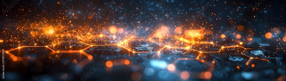 Aufkleber futuristic digital network with glowing hexagonal patterns and energy particles