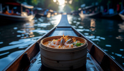 Obraz premium Laksa with coconut milk and prawns in bamboo container on floating market boat in Thailand with dappled sunlight and water reflections ideal for Southeast Asian river cuisine travel photography