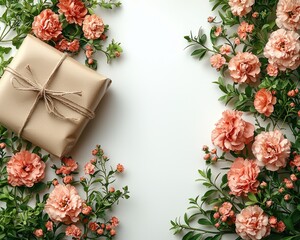 Gift surrounded by delicate pink carnations