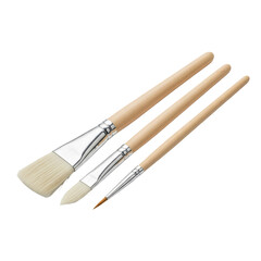 Set of three artist paintbrushes with wooden handles isolated on a transparent background