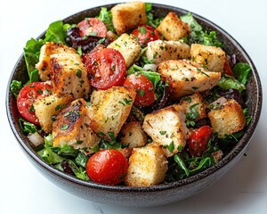 A bowl of Caesar salad with grilled chicken, croutons, and cherry tomatoes