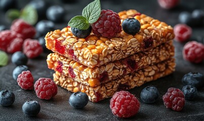 Stack of granola bars topped with fresh and frozen berries