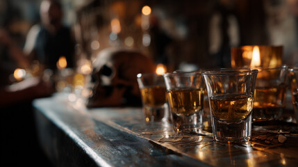Obraz premium Deadly Consequences of Alcohol Depicted by Skull and Rum Shots