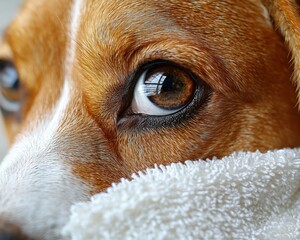 Close-up of a dog's face with a towel covering part of its muzzle.  Focused on the eyes