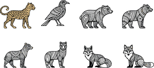 Tribal animal vector set with ornamental patterns, stylized wildlife illustrations for cultural design, decorative art, nature symbolism, and ethnic-inspired decor