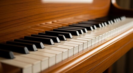 Close-up of a classic wooden piano keyboard with black and white keys, showcasing the instruments elegant design and musical potential.
