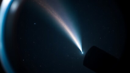 Celestial comet with iridescent tail stretching across starry darkness, framed by telescope lenses.