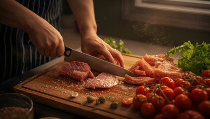 An elegant woman in the kitchen, slicing vegetables and cooking.