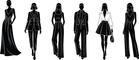 Women’s fashion silhouette vector set, black stylish outfits with modern cuts, elegant poses, and garment details for apparel design and trend illustration