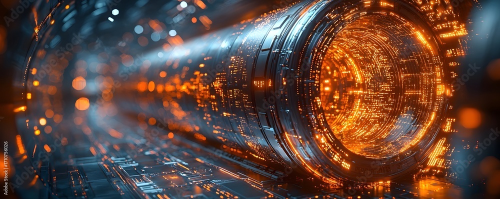 Poster futuristic digital tunnel filled with glowing orange data streams and complex circuitry