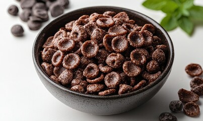 A dark brown bowl filled with chocolate-covered cereal pieces