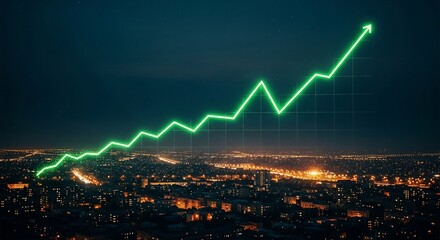 Luminous Green Growth Arrow Soaring Over a Glistening Nighttime Metropolis.