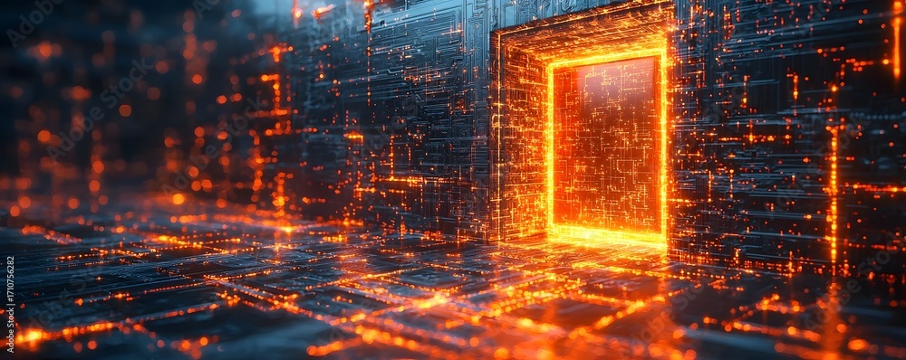 Poster a dark futuristic digital landscape with glowing orange data streams and circuits leading to a brigh