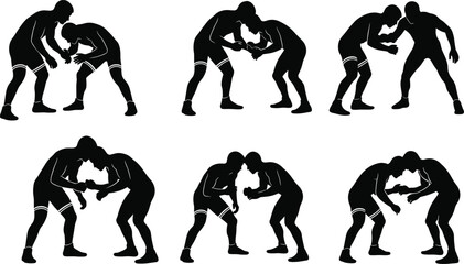 Wrestling silhouette set, black-and-white illustrations of grappling techniques and dynamic poses for sports, training, action, and character design themes