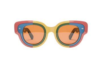 Vibrant, modern sunglasses with bold, colorful layered frames and orange lenses, perfect for stylish summer looks.