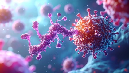 medical 3d illustration of y shaped antibody proteins binding and neutralizing virus particle, immune response concept