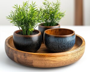 Wooden tray with ceramic bowls and small plants